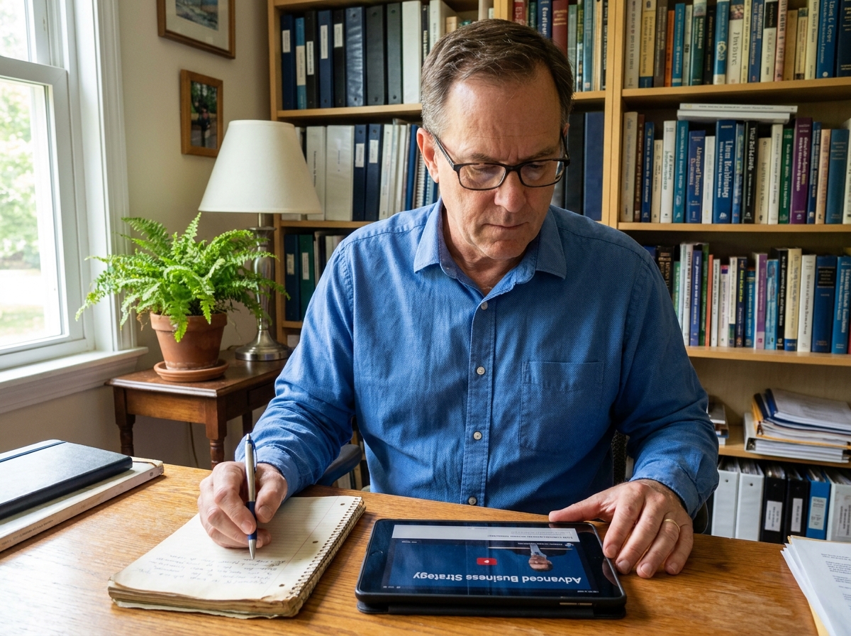 Homme concentr&eacute; regardant une formation en ligne sur une tablette