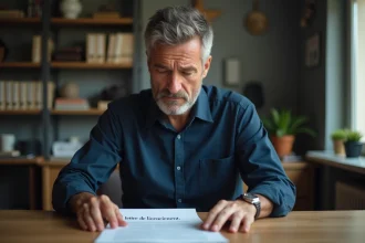 Homme tenant une lettre de licenciement assis à son bureau à domicile, visage préoccupé, illustrant les droits aux allocations chômage après rupture de contrat