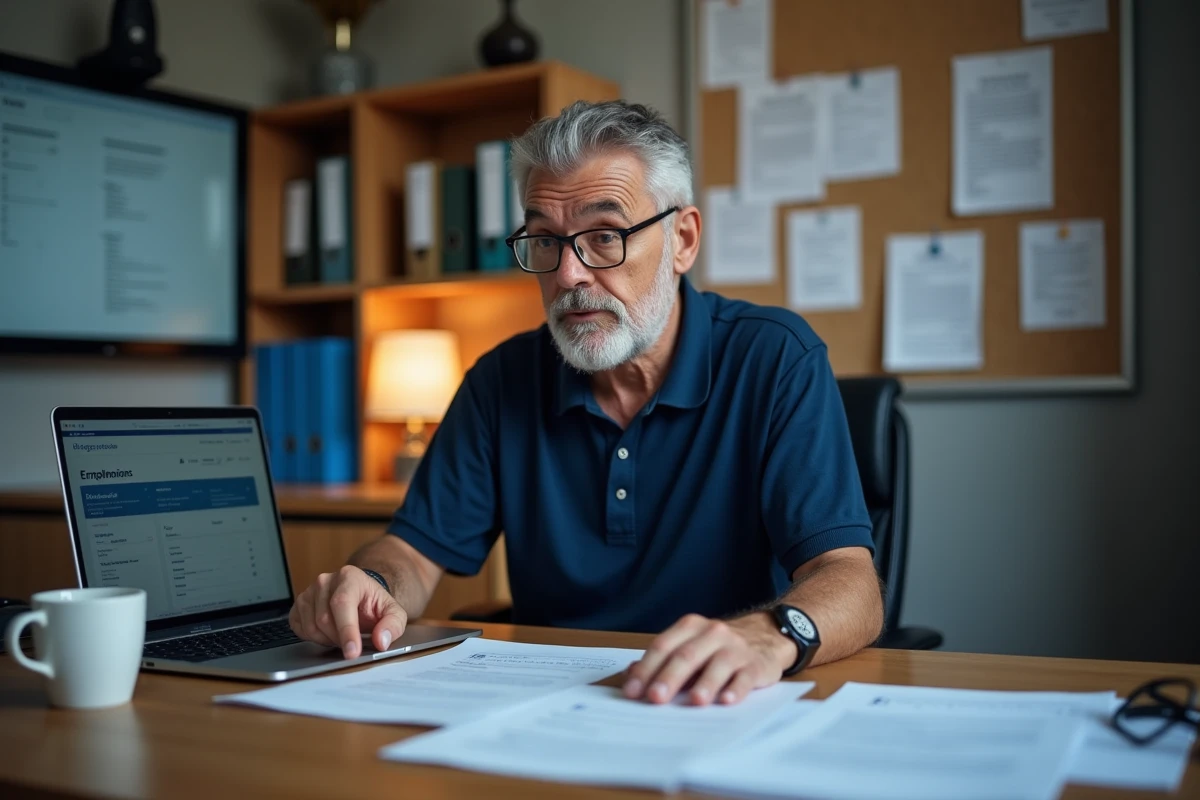 Homme consultant le site de Pôle emploi sur son ordinateur avec des documents d'allocations chômage à son bureau à domicile