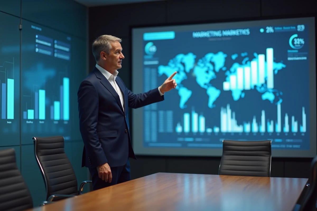 Homme en costume présentant des graphiques sur un grand écran