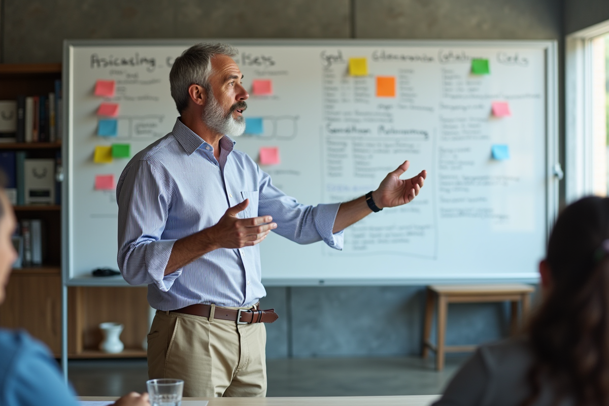 Homme en réunion expliquant diagrammes sur tableau blanc