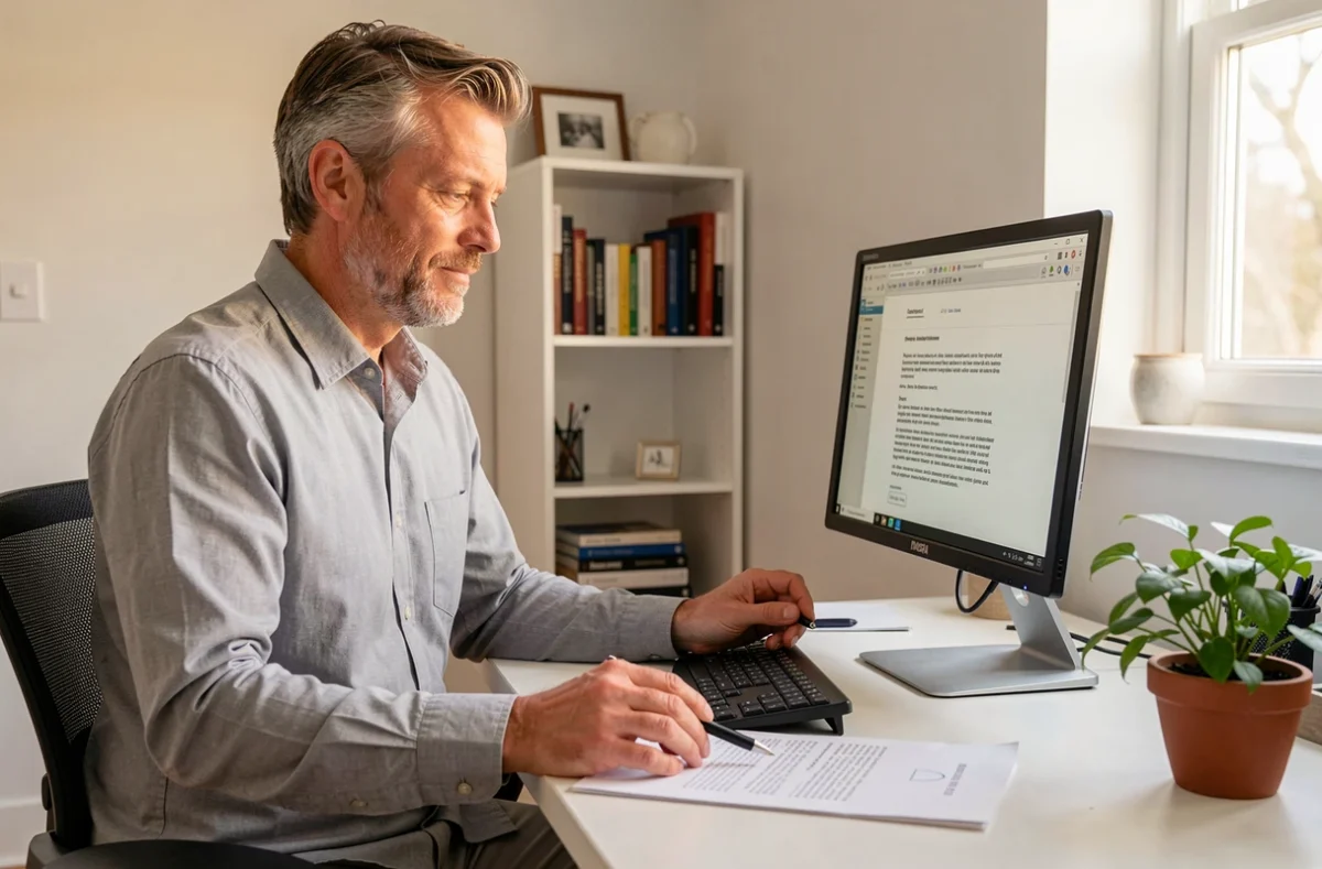 Homme en télétravail relisant sa lettre de démission par email sur un ordinateur de bureau à domicile
