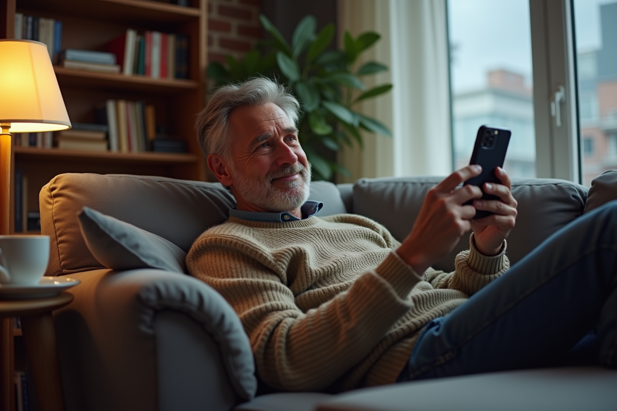 Homme détendu sur le canapé regardant son smartphone