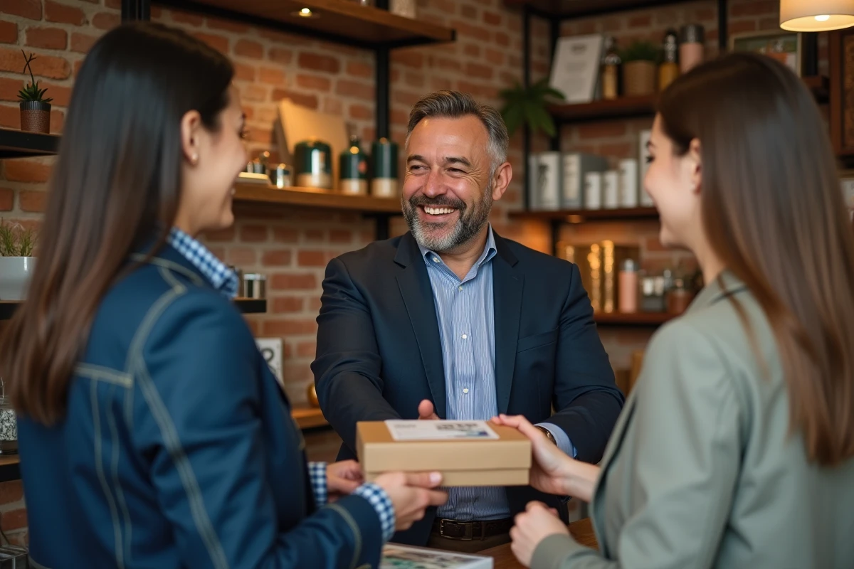 Homme souriant remettant un colis dans une boutique urbaine