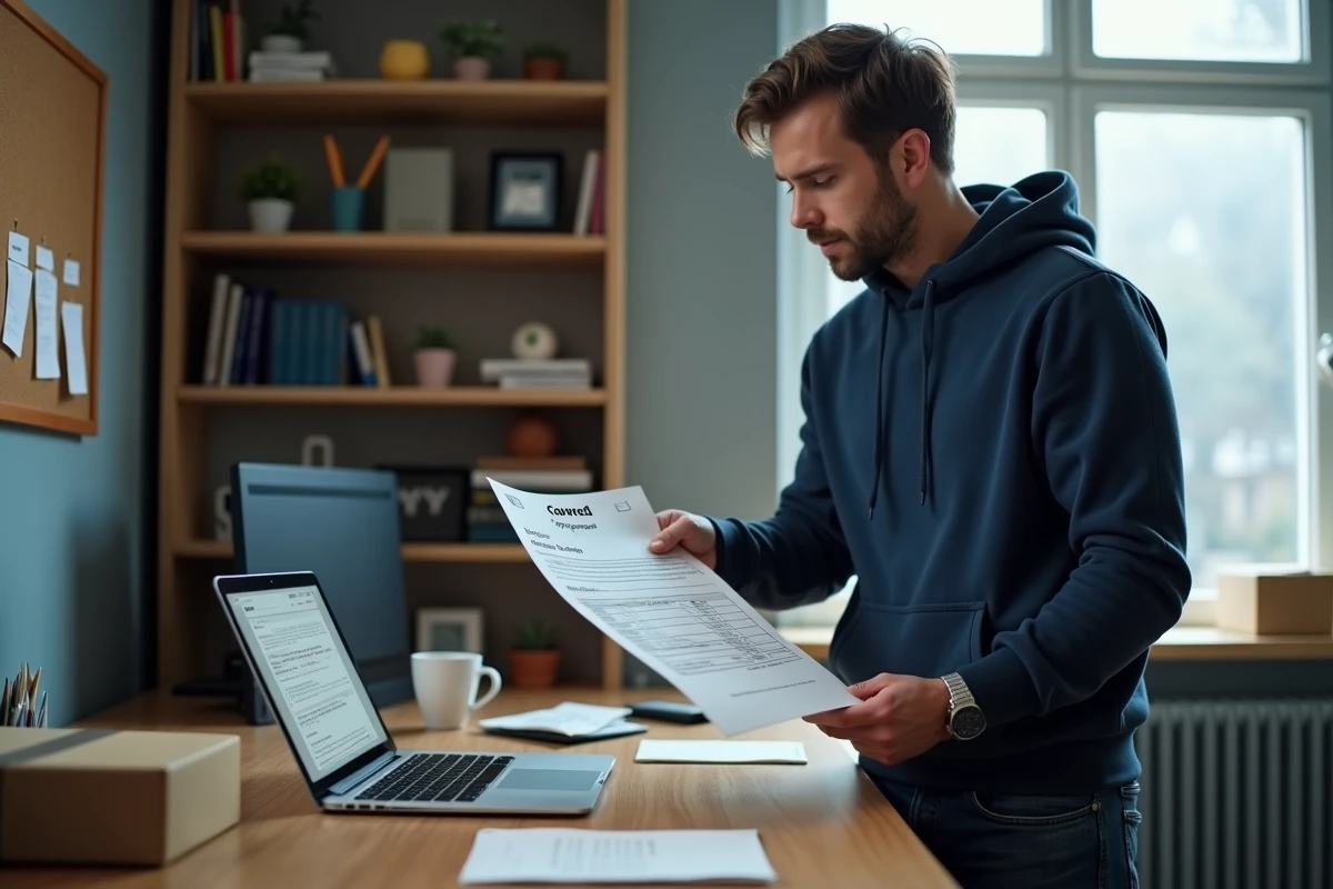 Homme comparant une facture de livraison internationale et le suivi de colis sur ordinateur dans un bureau à domicile