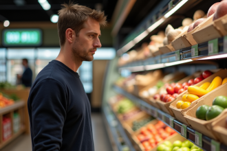 Homme d'âge moyen examinant des produits frais en supermarche