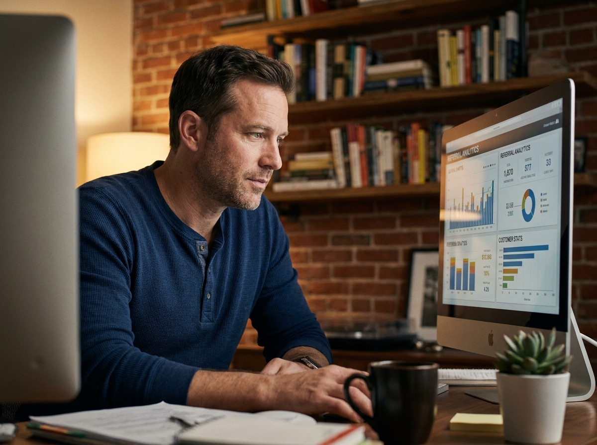 Homme concentré sur un tableau de bord de parrainage client dans un bureau à domicile, représentant la gestion automatisée des recommandations