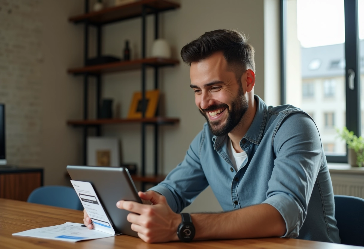 Homme décontracté remplissant un formulaire sur une tablette à la maison