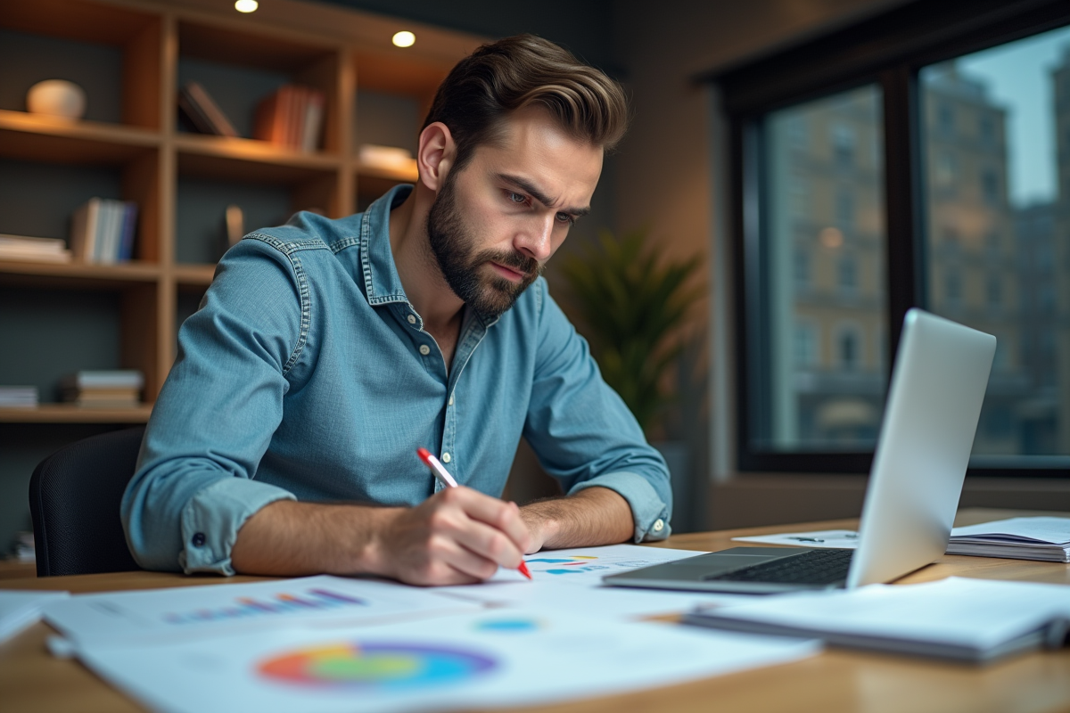 Homme en bureau analysant des documents et graphiques