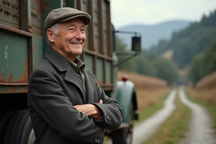 Homme d'&acirc;ge moyen avec camion ancien dans les Vosges
