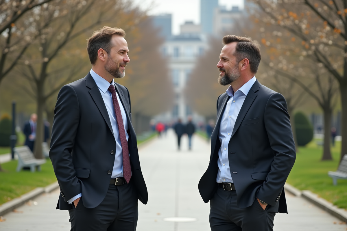 Deux hommes discutant dans un parc urbain au printemps