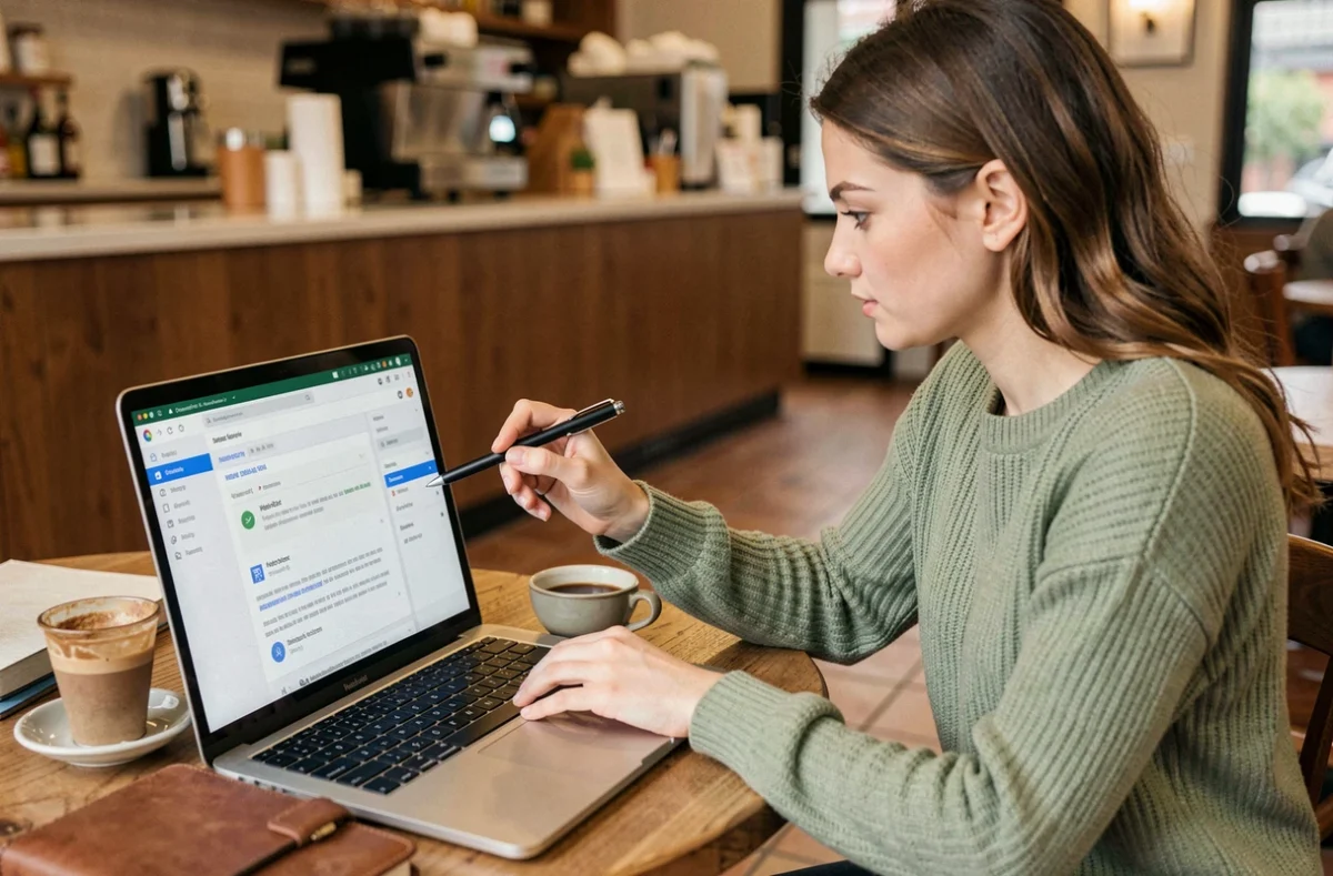 Jeune professionnelle pointant les indicateurs de sécurité d'un email Elevetonbiz sur son ordinateur dans un café