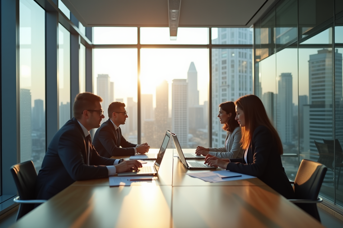 Bâtiment de bureau moderne au Canada avec professionnels en réunion