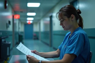 Infirmière fatiguée travaillant de nuit dans un couloir d'hôpital à 3h du matin, illustrant l'impact du travail nocturne sur la santé