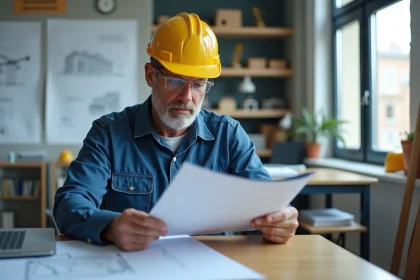 Ing&eacute;nieur homme v&eacute;rifiant un dossier technique construction