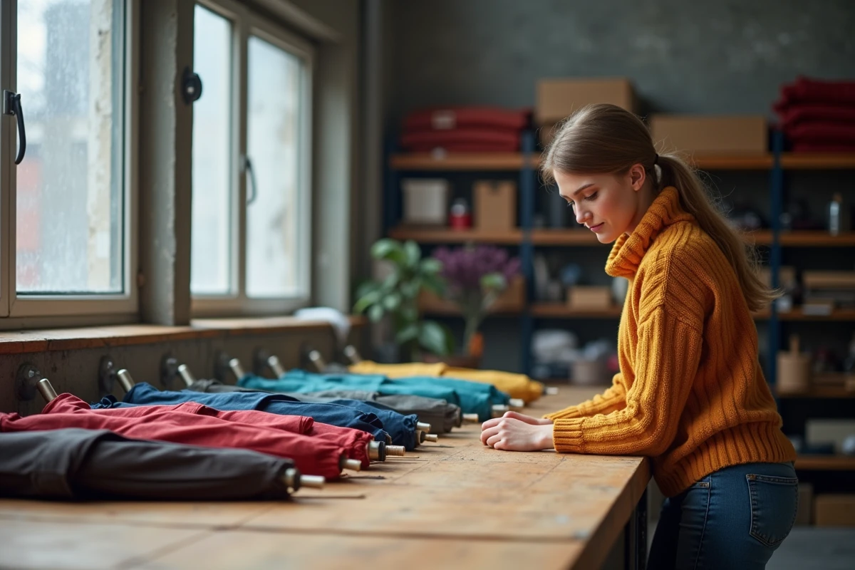 Jeune femme inspectant des parapluies finis dans un atelier lumineux