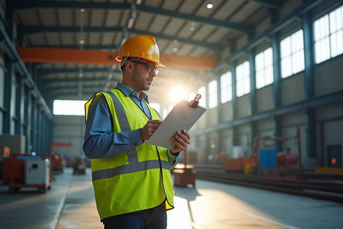 Inspecteur en gilet réfléchissant vérifiant la conformité sur site industriel