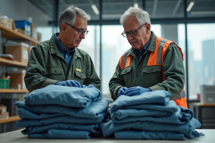 Homme et femme en uniforme inspectant des v&ecirc;tements de protection