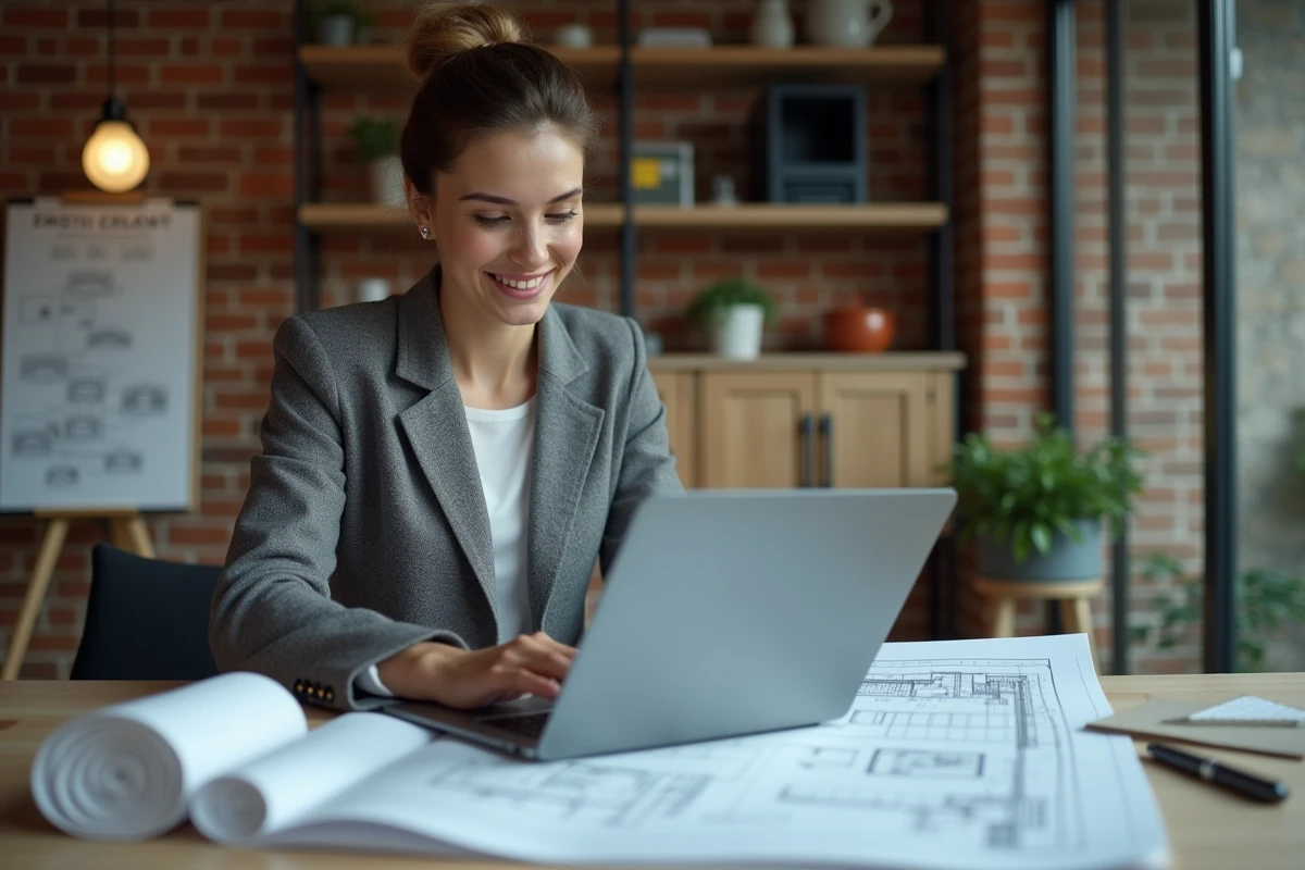 Jeune architecte en intérieur avec plans numériques