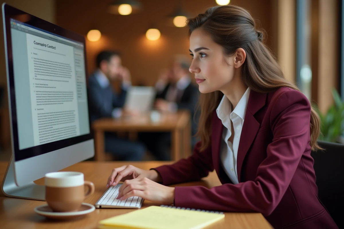 Jeune avocate en droit des affaires travaillant sur un contrat juridique dans un espace de travail moderne et collaboratif