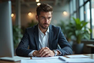 Jeune entrepreneur pensif dans un bureau moderne