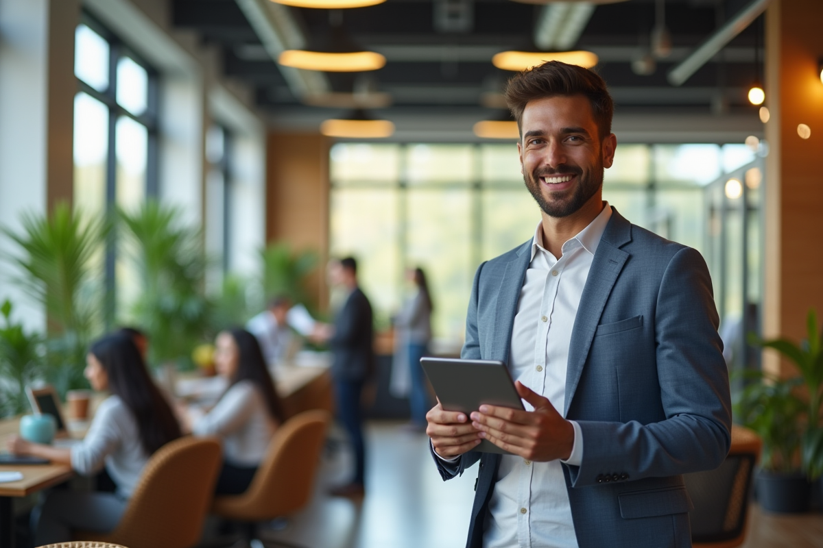 Jeune entrepreneur dans un espace de coworking dynamique