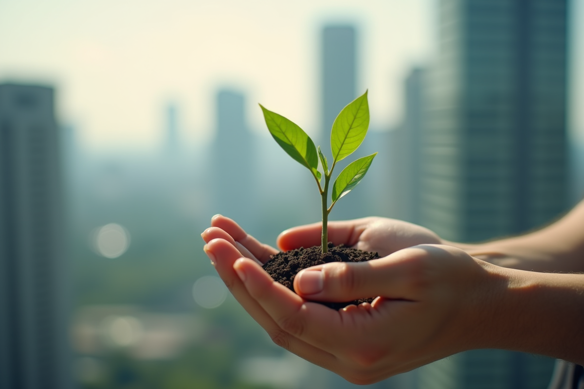 Jeune entrepreneur tenant une petite plante verte dans ses mains