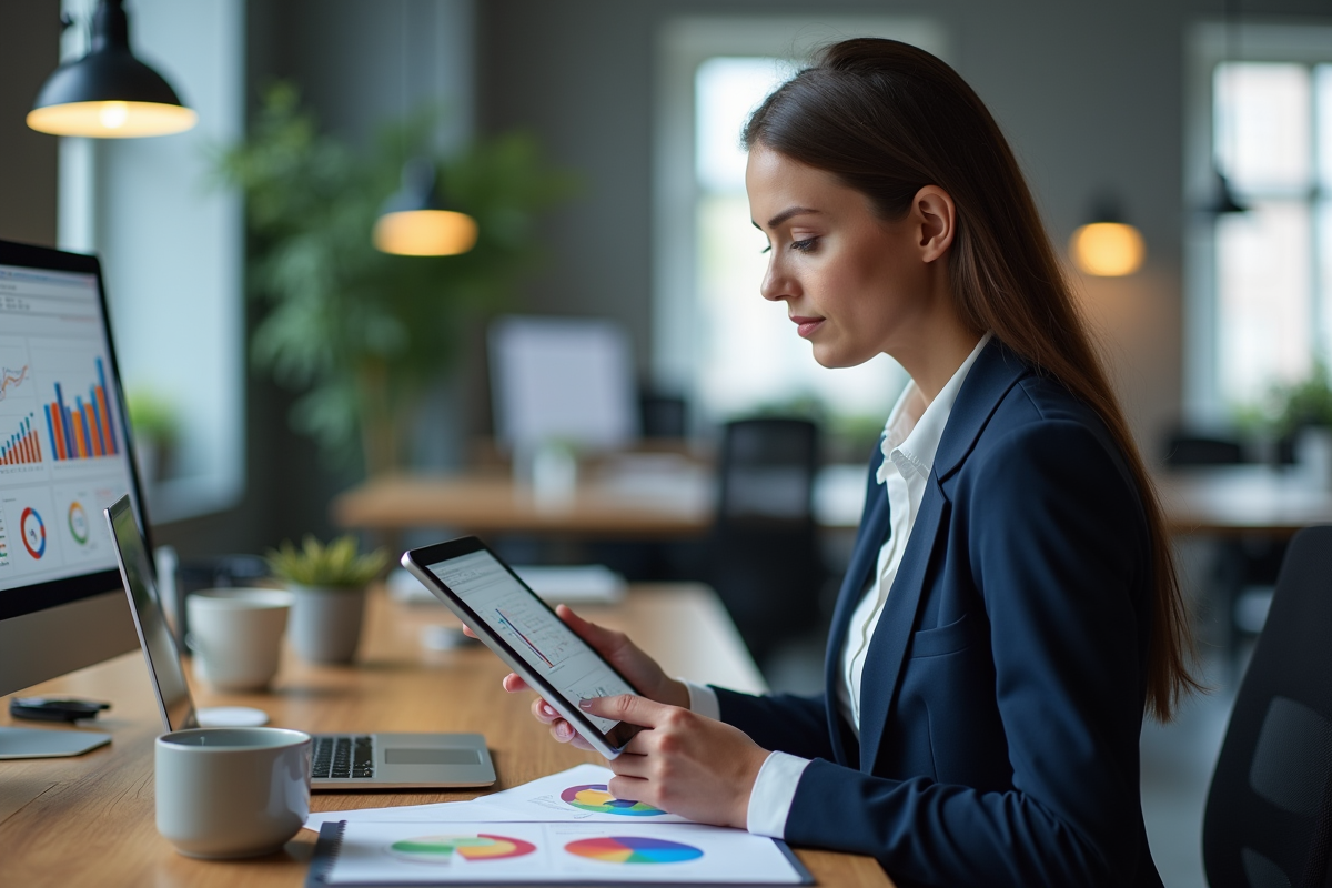 Jeune femme en blazer analysant des données marketing colorées