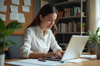 Jeune femme concentrée travaillant dans un bureau moderne