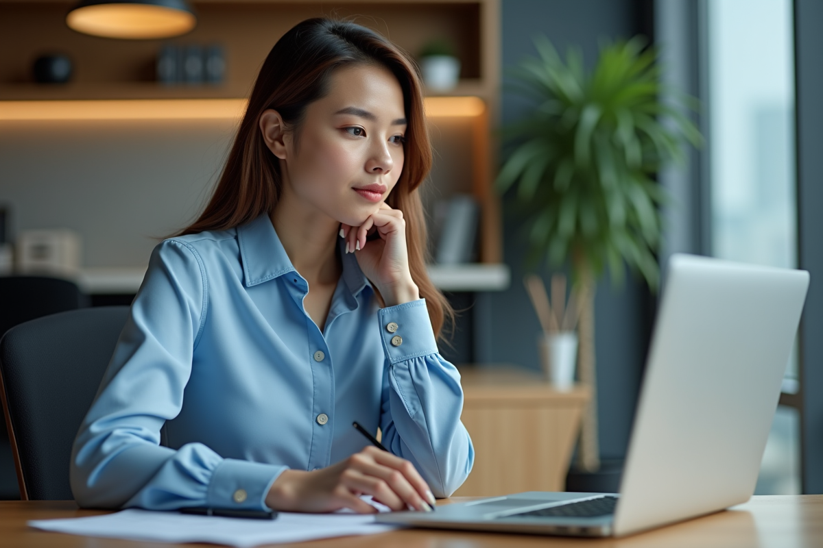 Jeune femme professionnelle au bureau en train de rédiger un email