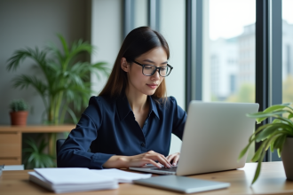 Jeune femme professionnelle en bureau moderne travaillant sur son ordinateur