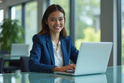 Jeune femme en blazer bleu travaillant sur un ordinateur dans un bureau moderne