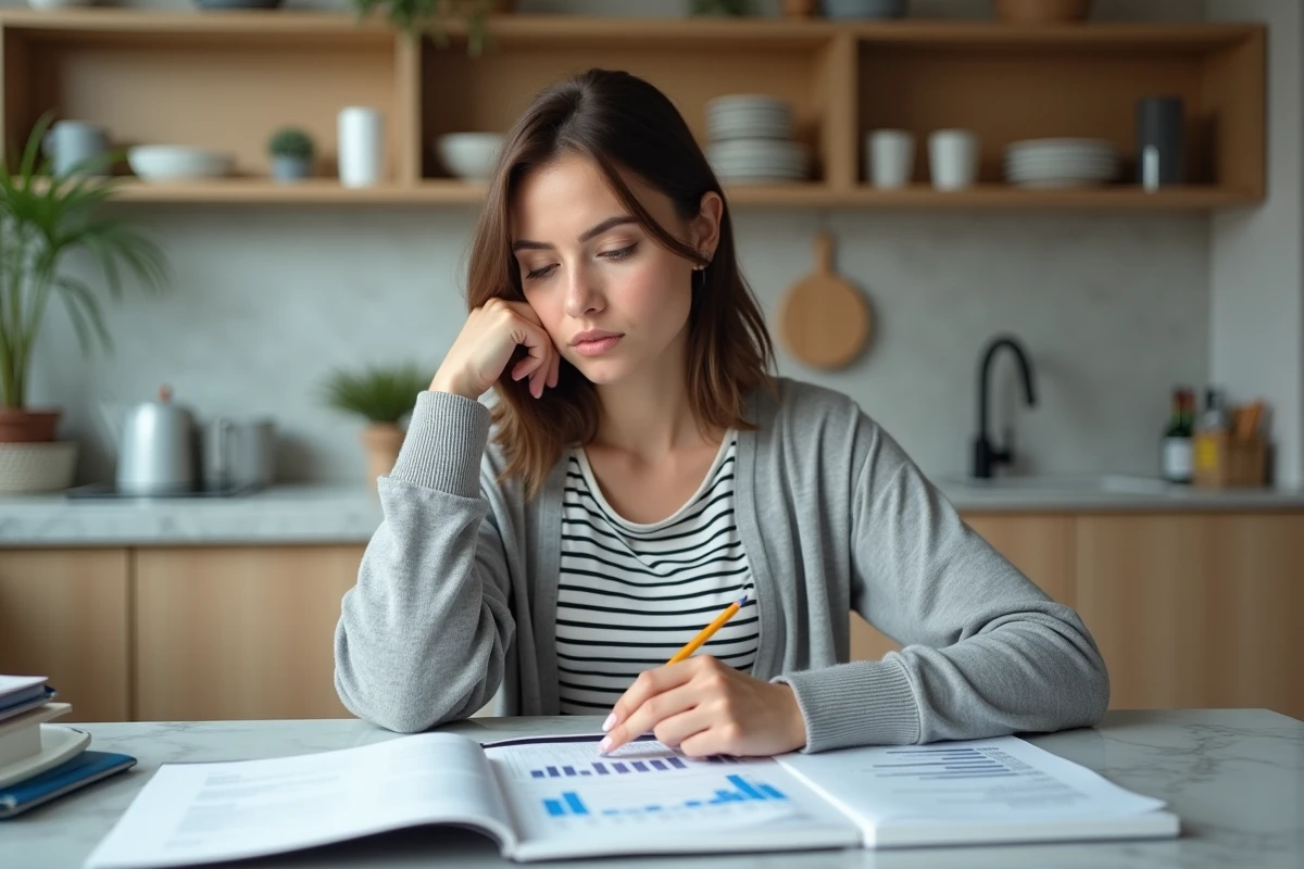 Jeune femme calculant ses erreurs financières avec des documents sur une table de cuisine