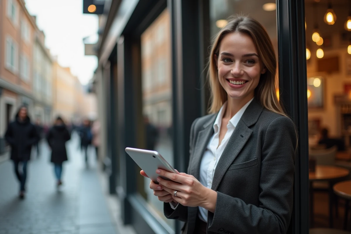 Jeune femme d affaires avec tablette en rue urbaine