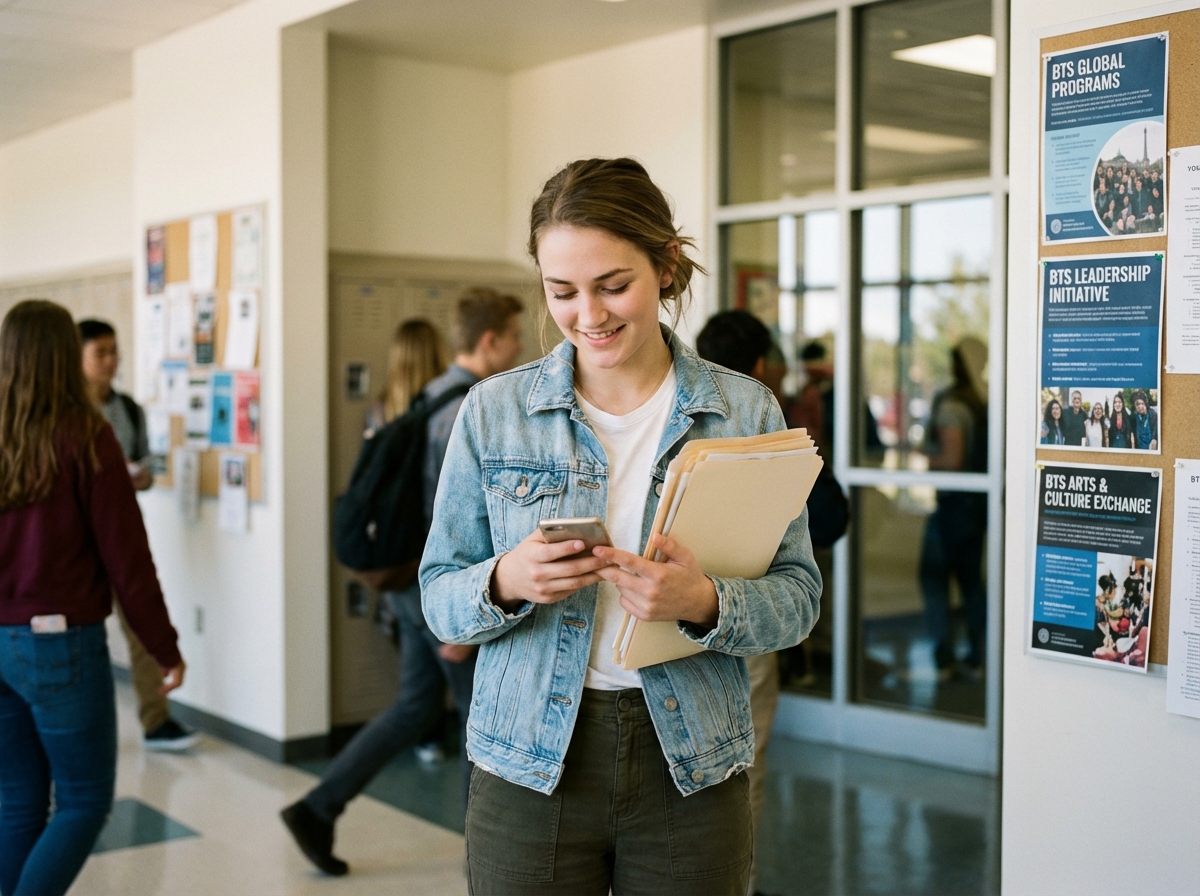 Jeune femme dans un couloir scolaire avec dossiers