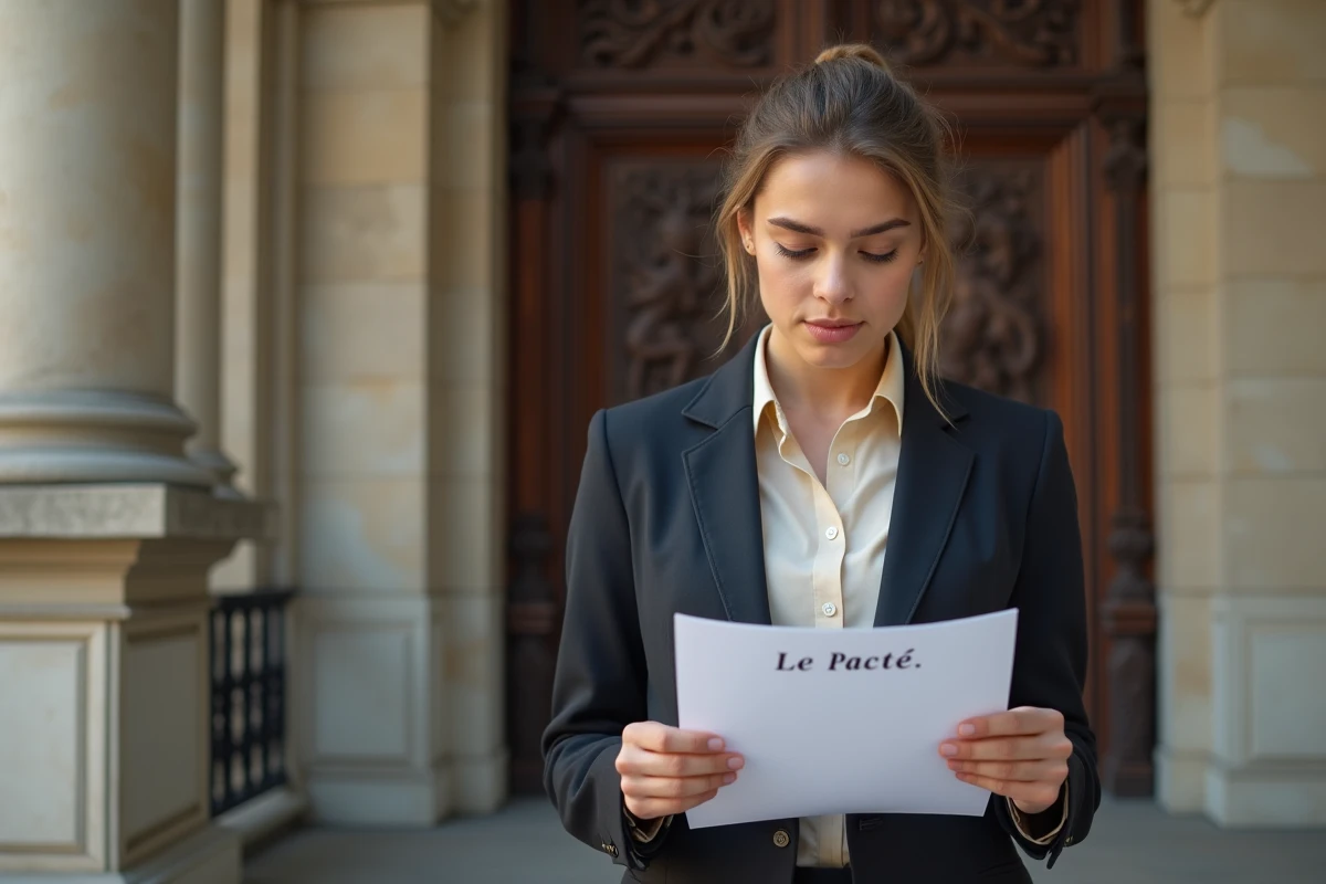 Jeune femme lisant une feuille devant un courthouse historique