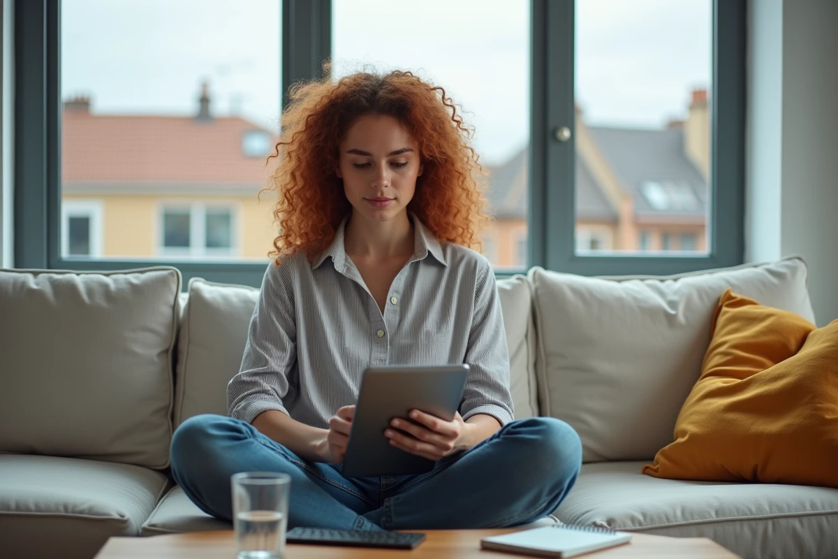 Jeune femme travaillant sur une tablette depuis son salon, illustrant le freelance et le télétravail sans diplôme requis