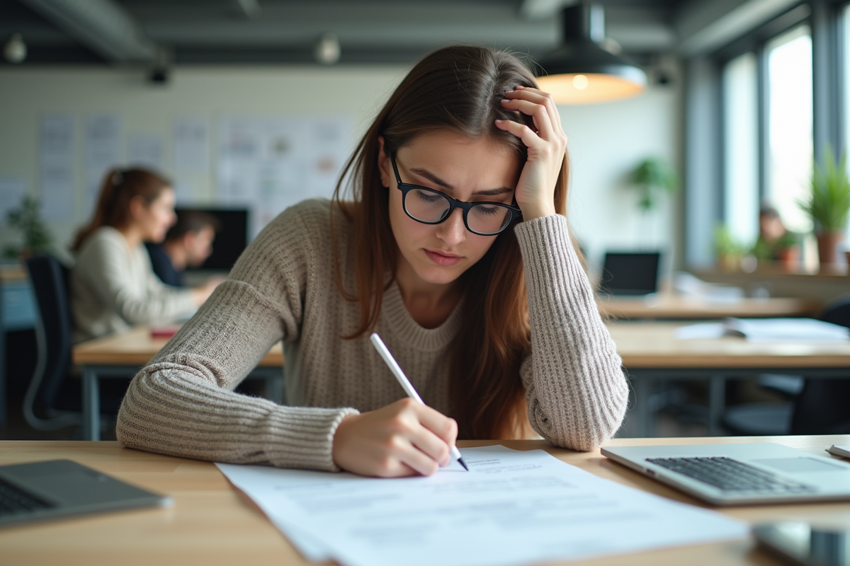 Jeune femme en office décontracté marquant des documents