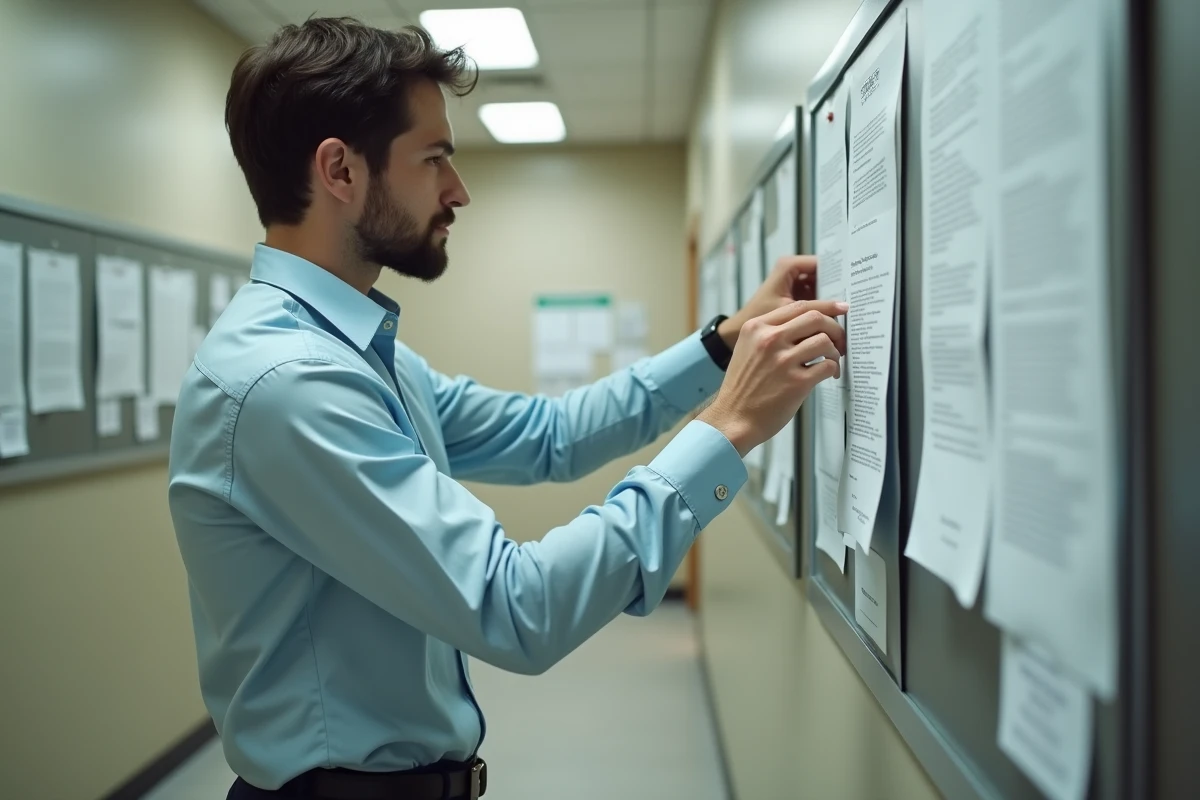 Jeune homme accrochant une affiche dans le couloir