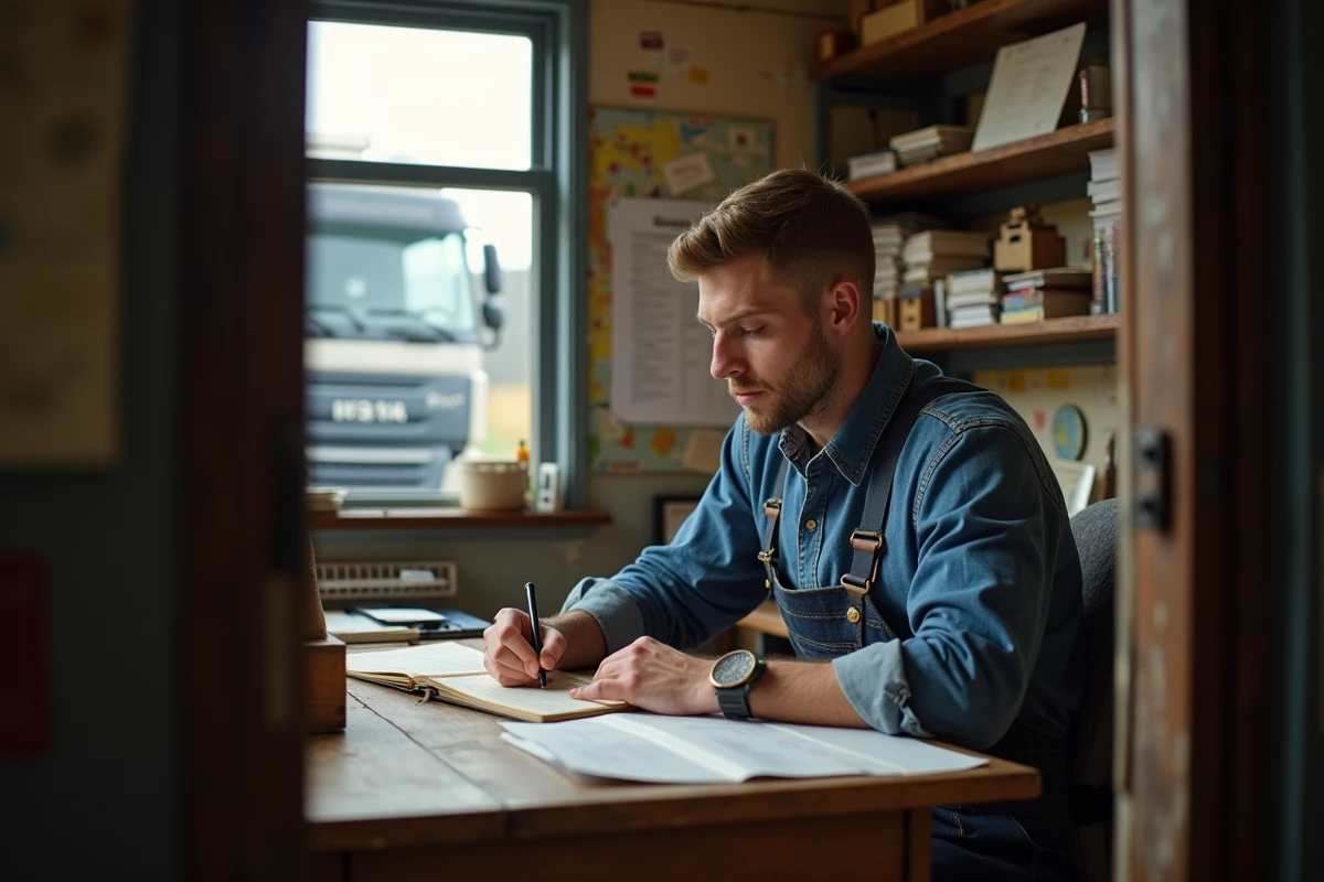 Jeune homme écrivant dans un registre dans un bureau transport