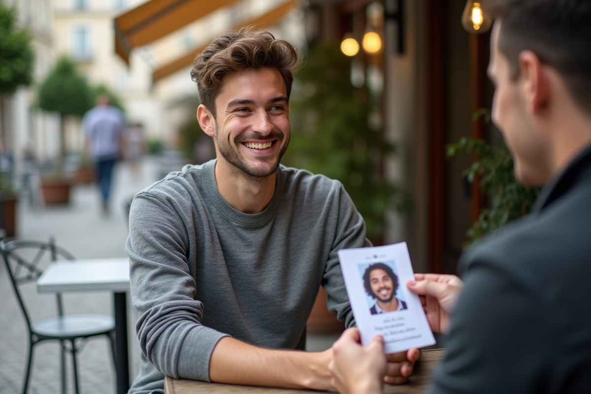 Jeune homme montrant sa photo d