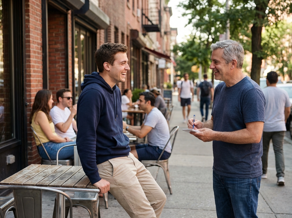 Jeune homme discutant avec un caf&eacute; dans une ville anim&eacute;e