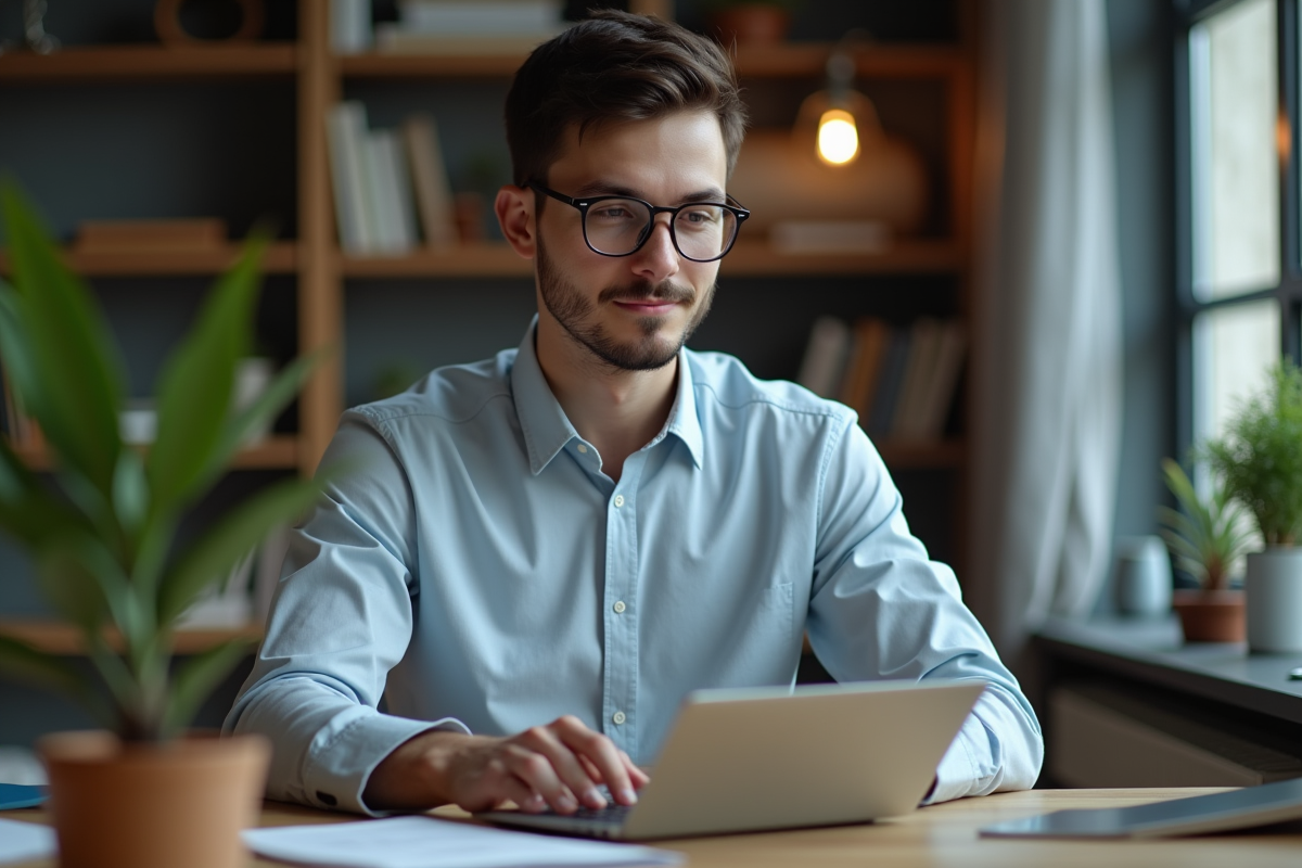 Jeune homme concentré travaillant sur son ordinateur dans un bureau moderne