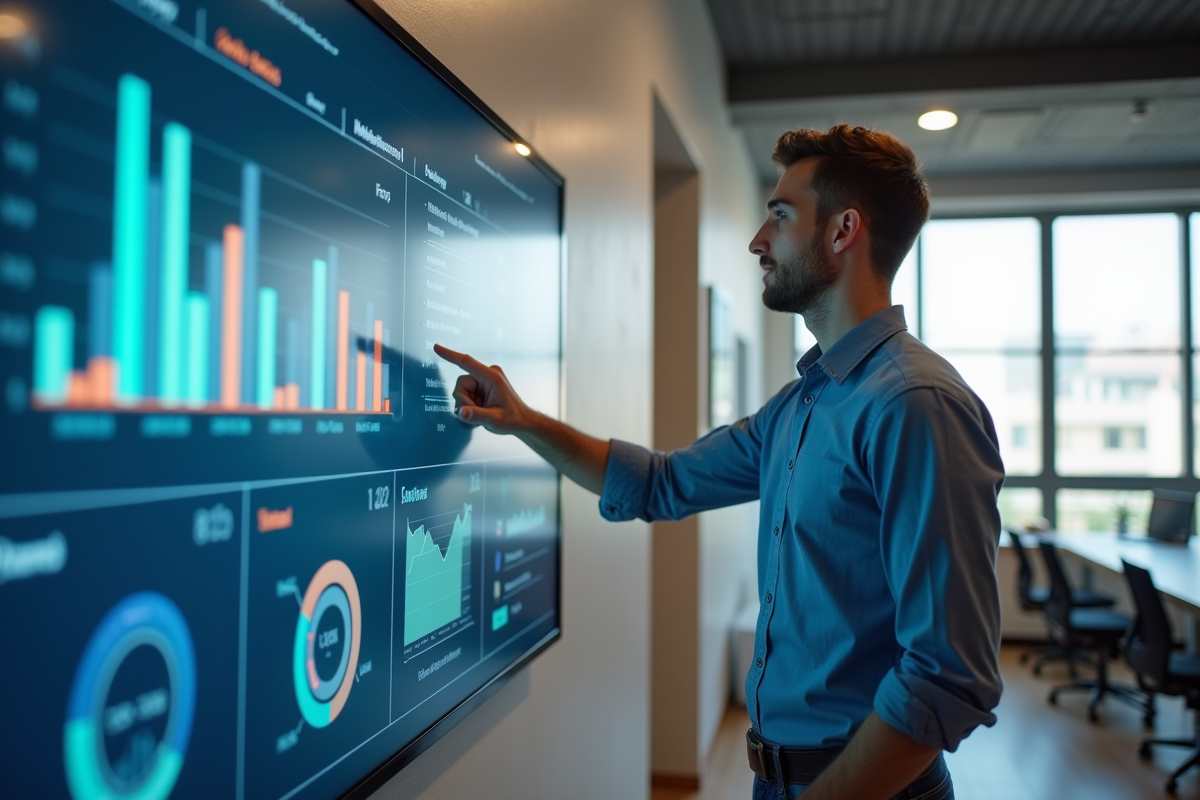 Jeune homme pointant un tableau de campagne marketing digital