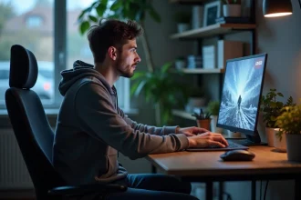 Jeune homme concentré devant son ordinateur gamer à la maison