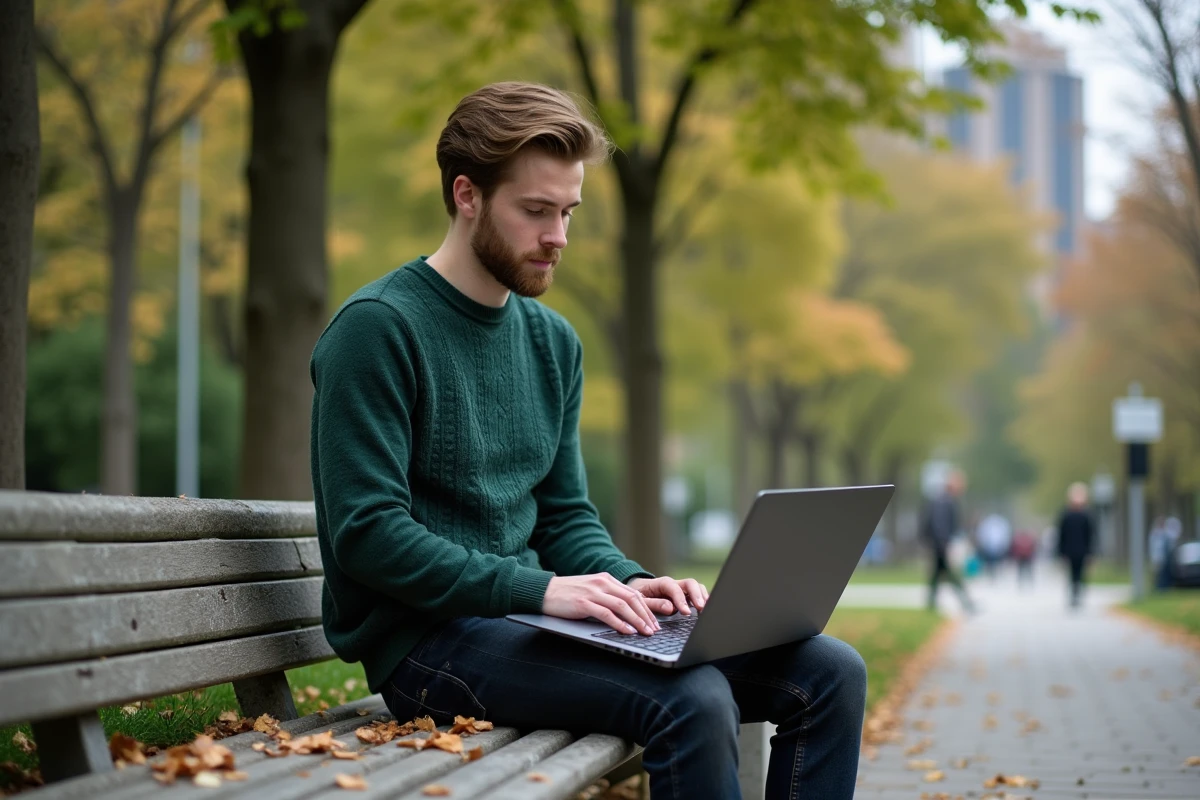 Jeune homme dans un parc recherchant sur ordinateur
