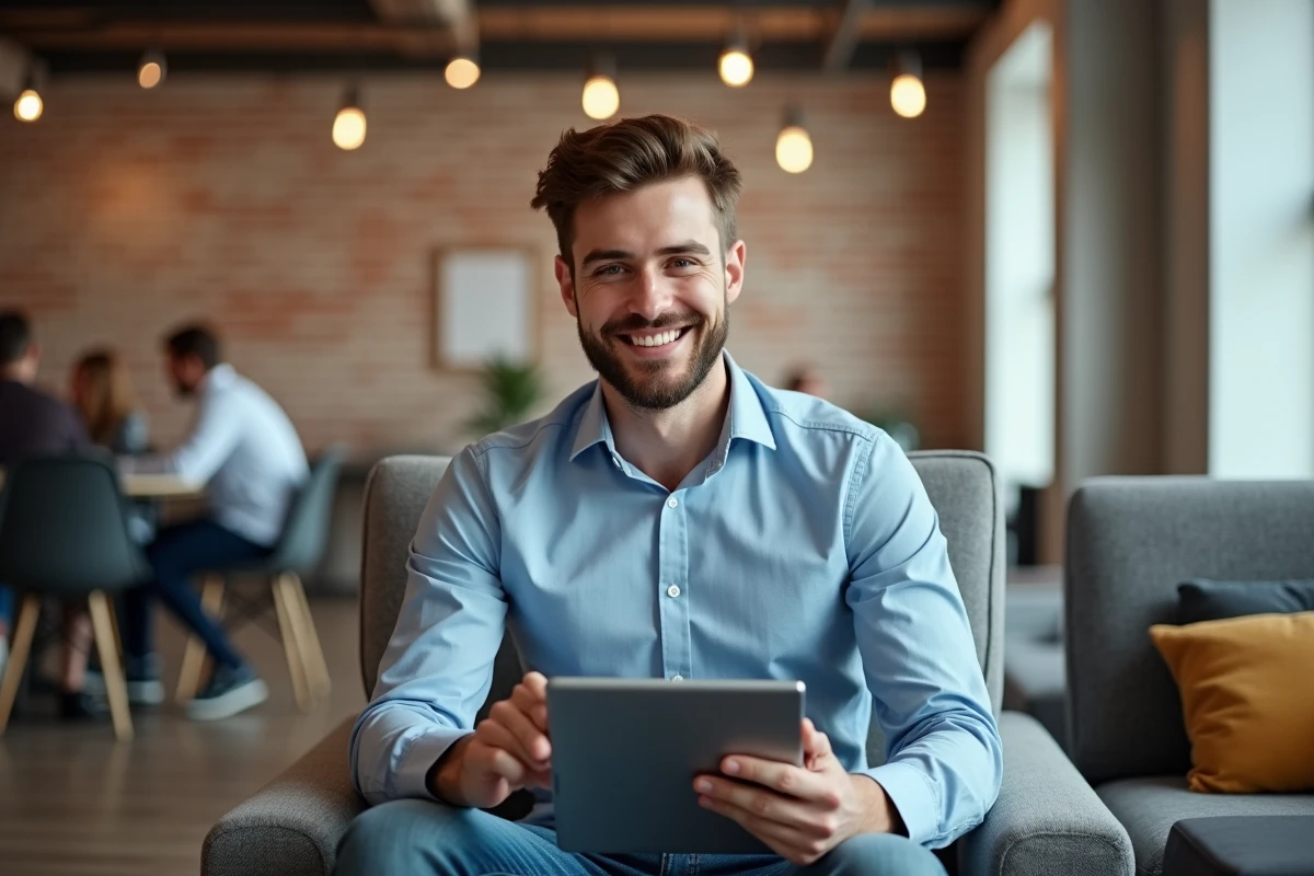 Jeune homme travaillant sur une tablette dans un espace coworking