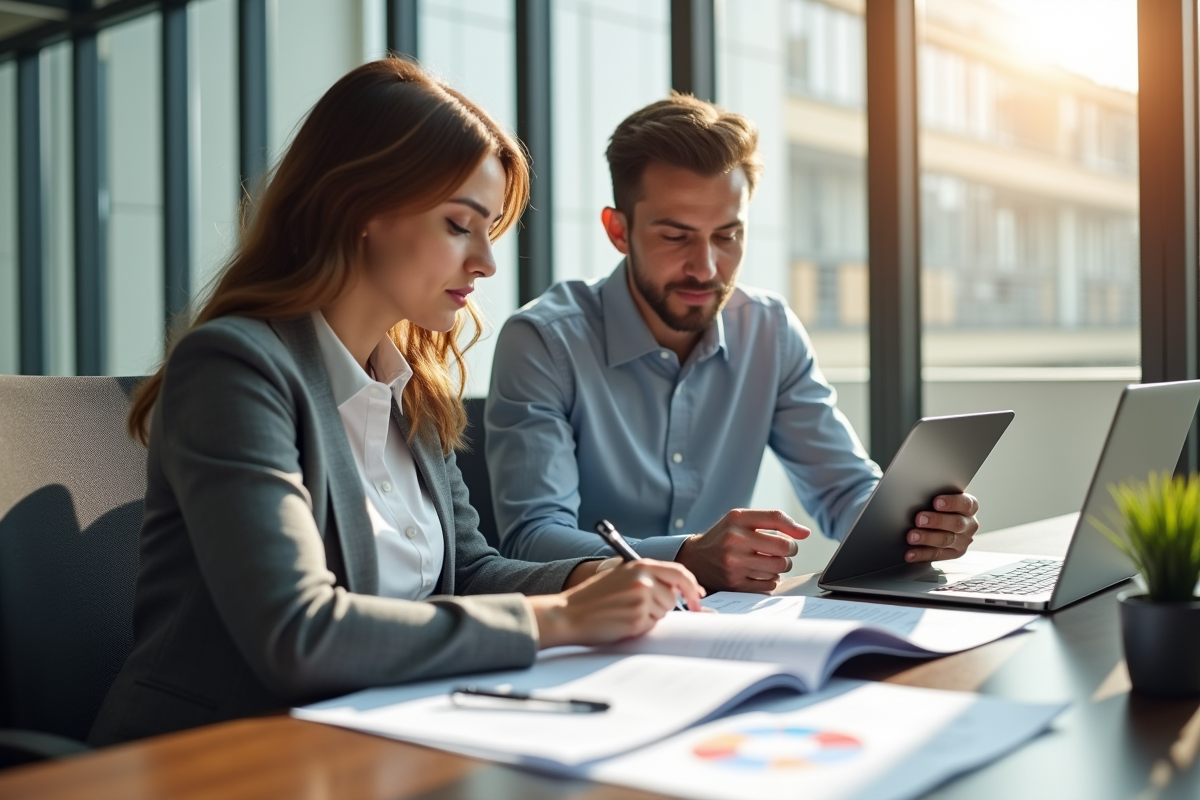 Jeune professionnel et professionnelle vérifiant documents au bureau