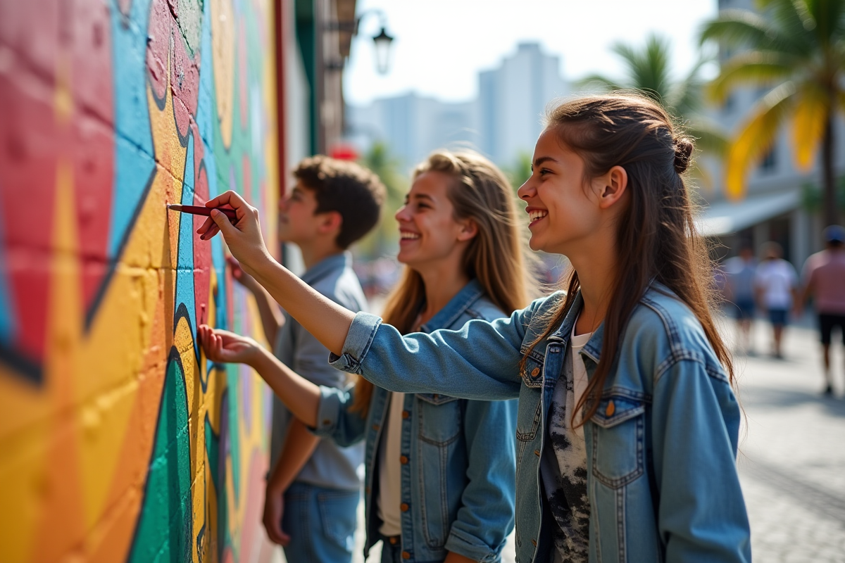 Jeunes brésiliens peignant un mural coloré en ville