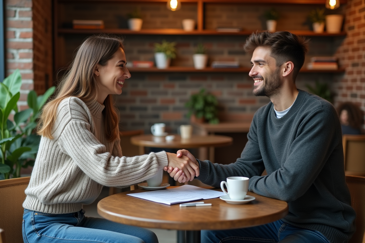 Jeunes adultes se serrant la main dans un café convivial